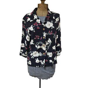 Caribbean Joe Hawaiian Shirt Womens Size M Floral Button Up Black White Pink